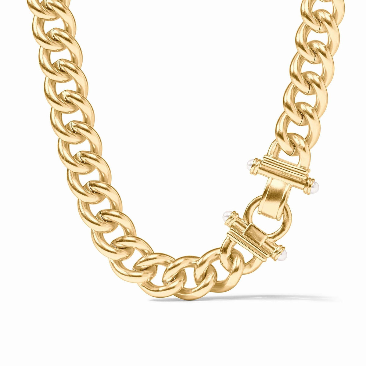 Dolce Link Necklace featuring glass pearls on a bold chain with fold-over clasp