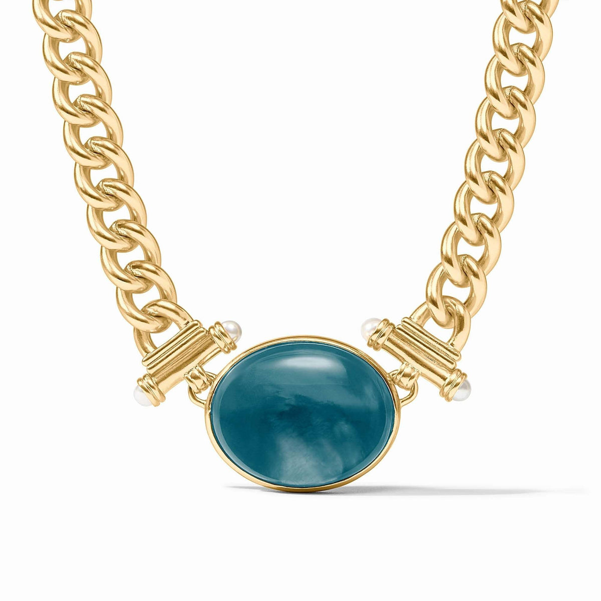 Iridescent Montana blue glass pearl statement necklace with gold plate toggle clasp