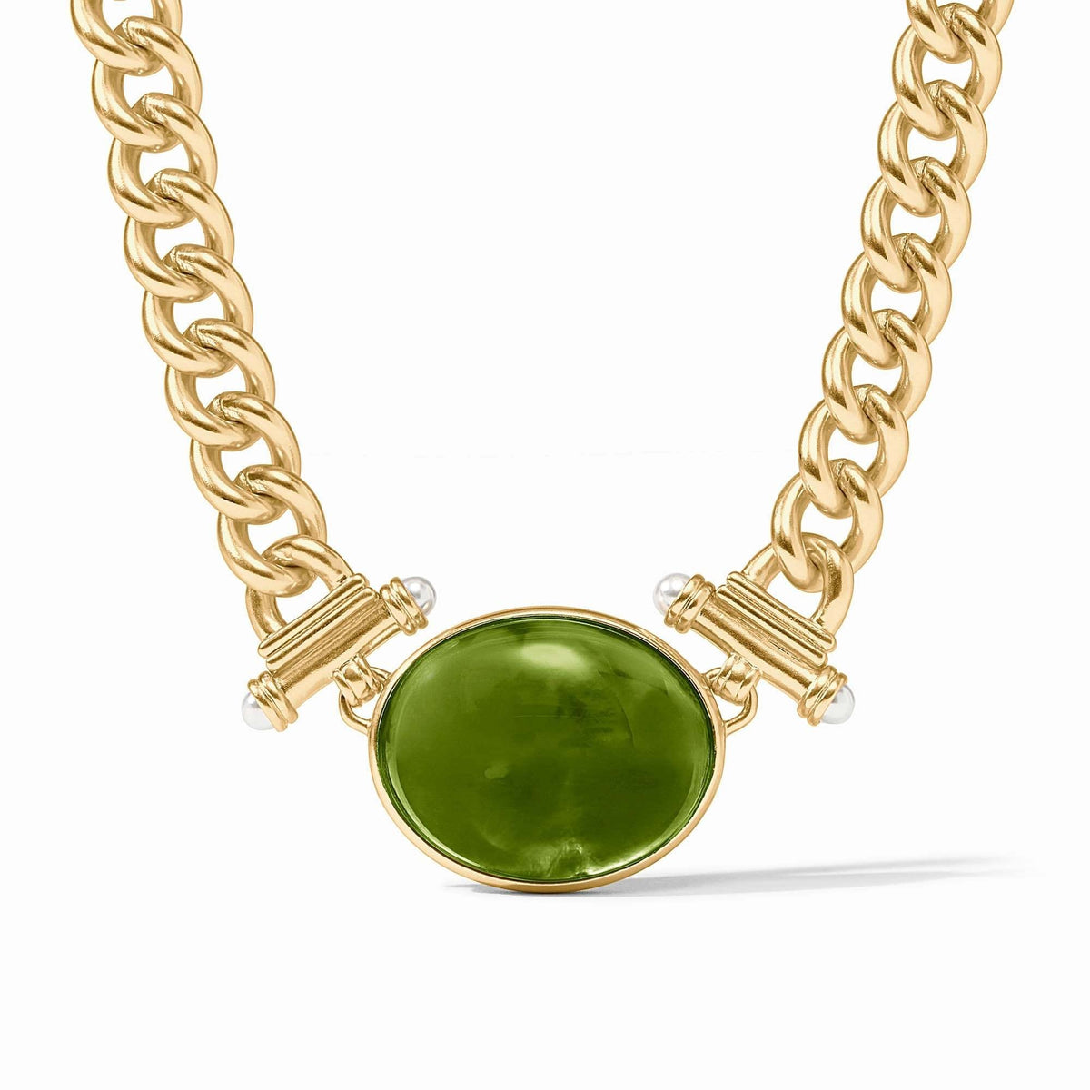 Dolce Statement Necklace in iridescent palmetto green with glass pearl accents and toggle clasp