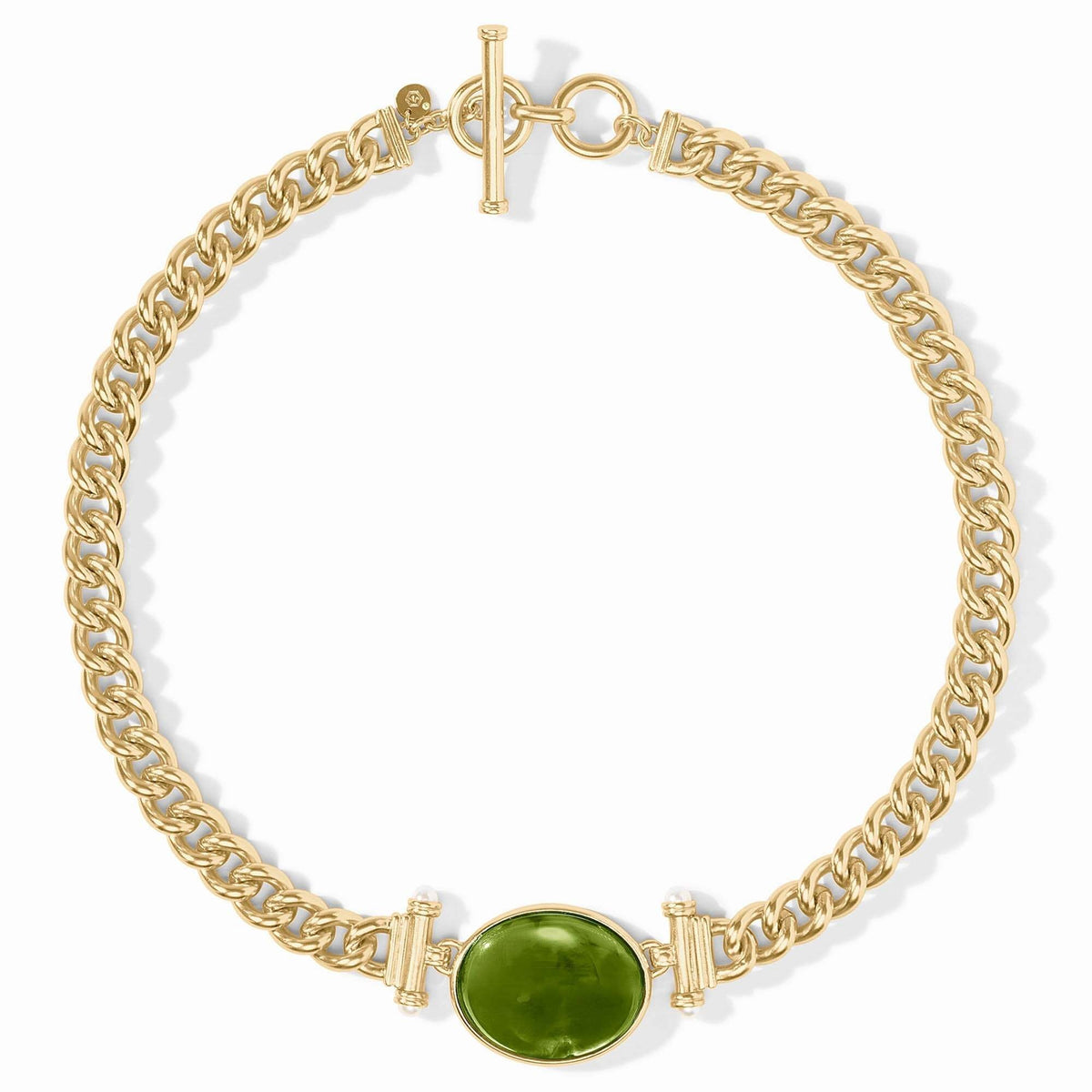 Adjustable Dolce statement necklace with toggle clasp in gold plate over imported glass beads and pearls.