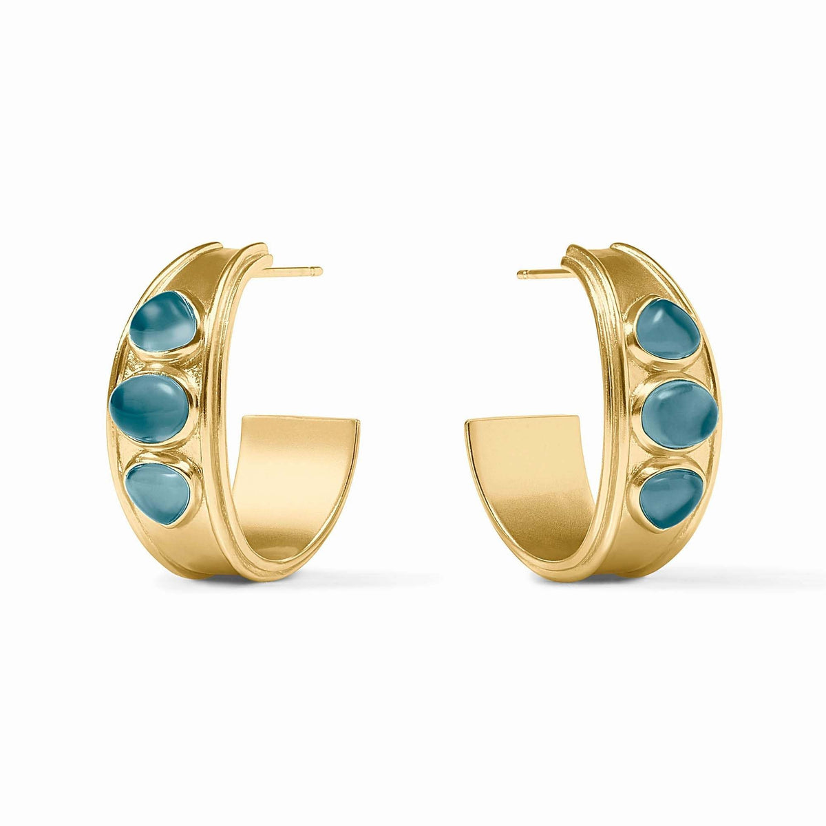 Medium Dolce Stone Hoop earrings in iridescent Montana blue with gold plating and glass posts.