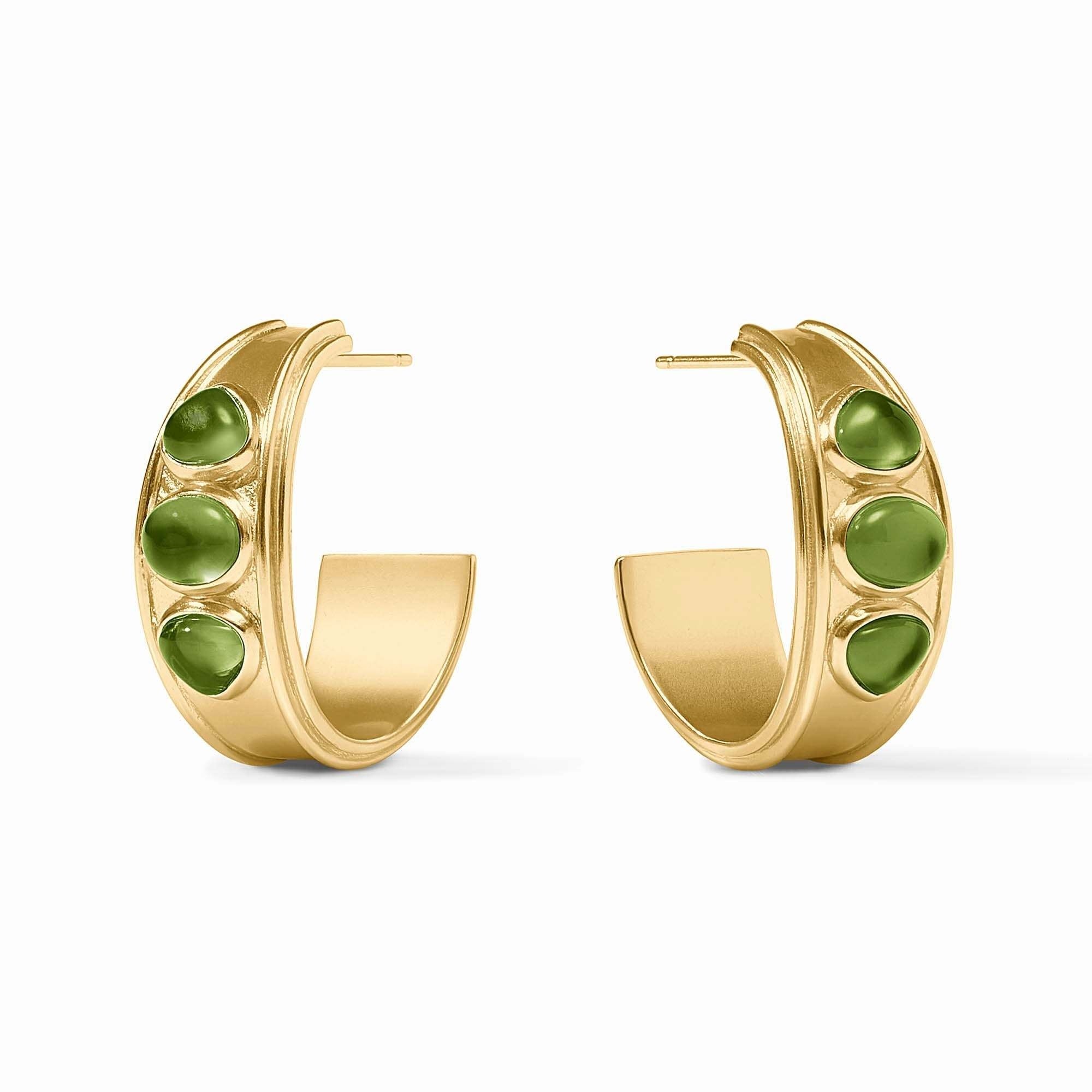 Medium Dolce Stone Hoop earring with iridescent palmetto green glass post and 24K gold plate