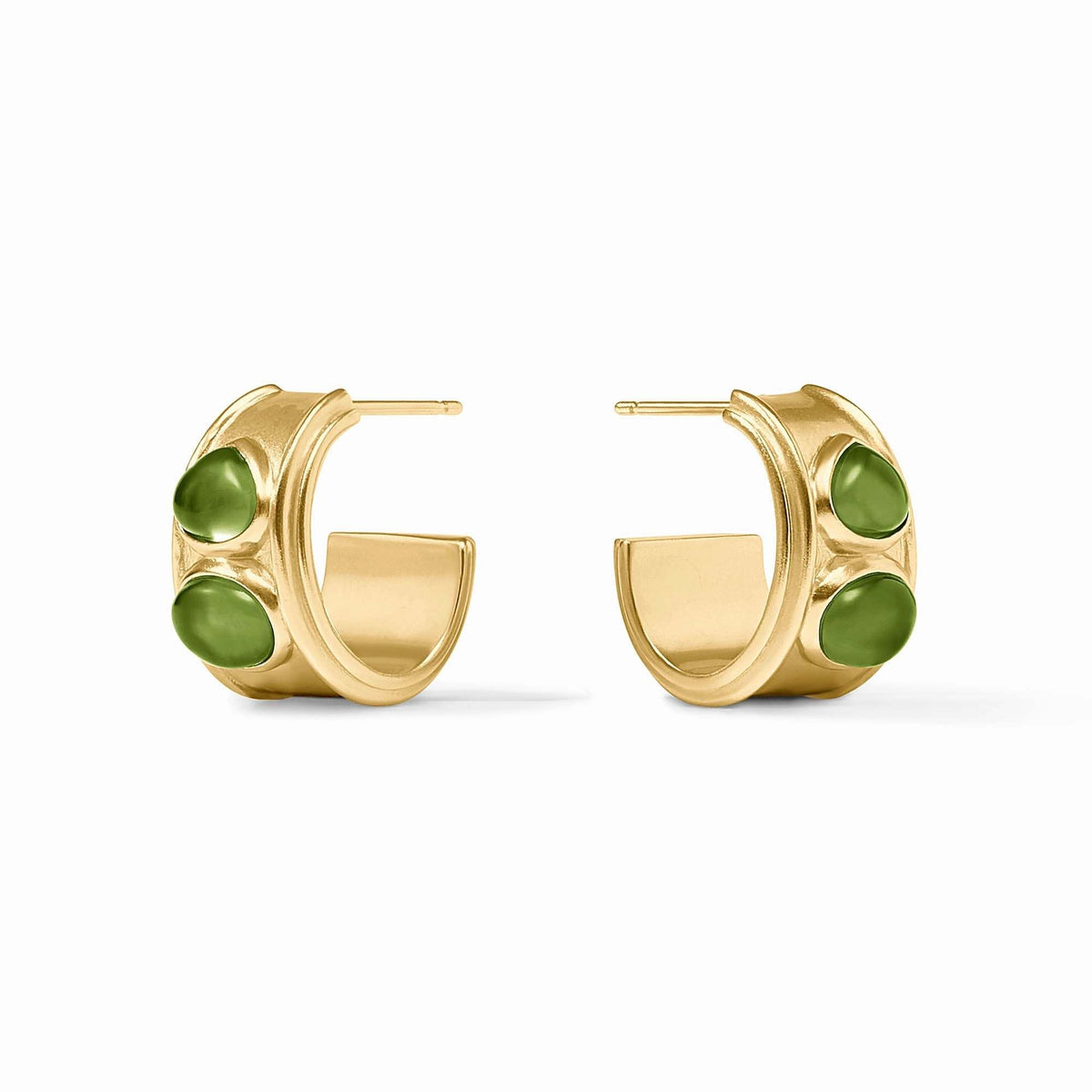 Iridescent palmetto green glass hoop earring with 24K gold plate and post.