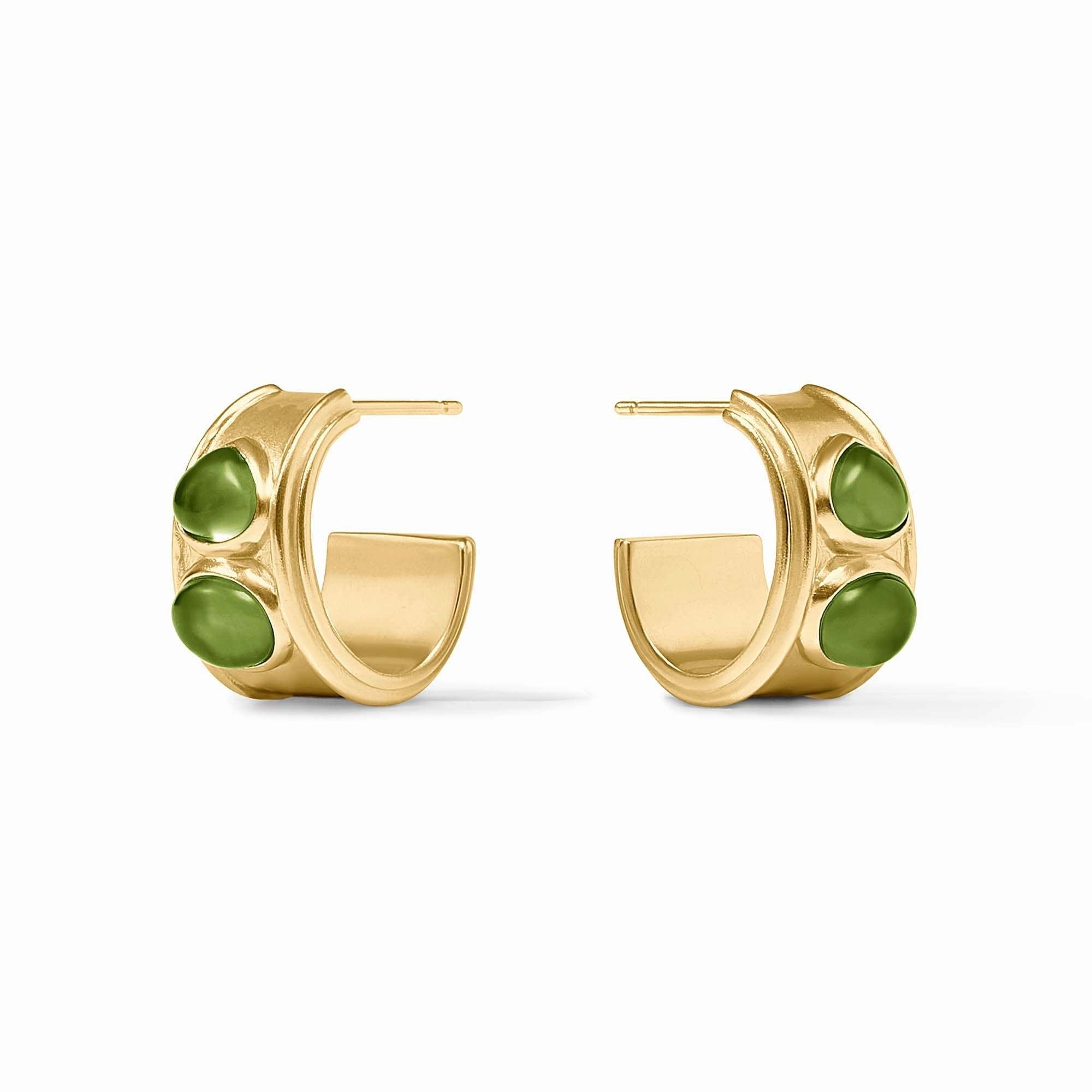 Iridescent palmetto green glass hoop earring with 24K gold plate and post.