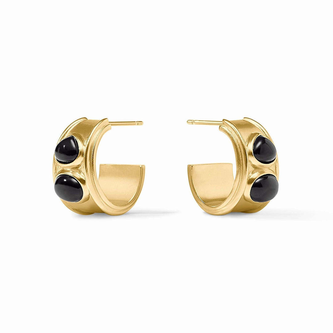 Obsidian black glass hoop earring with sleek gold plate finish