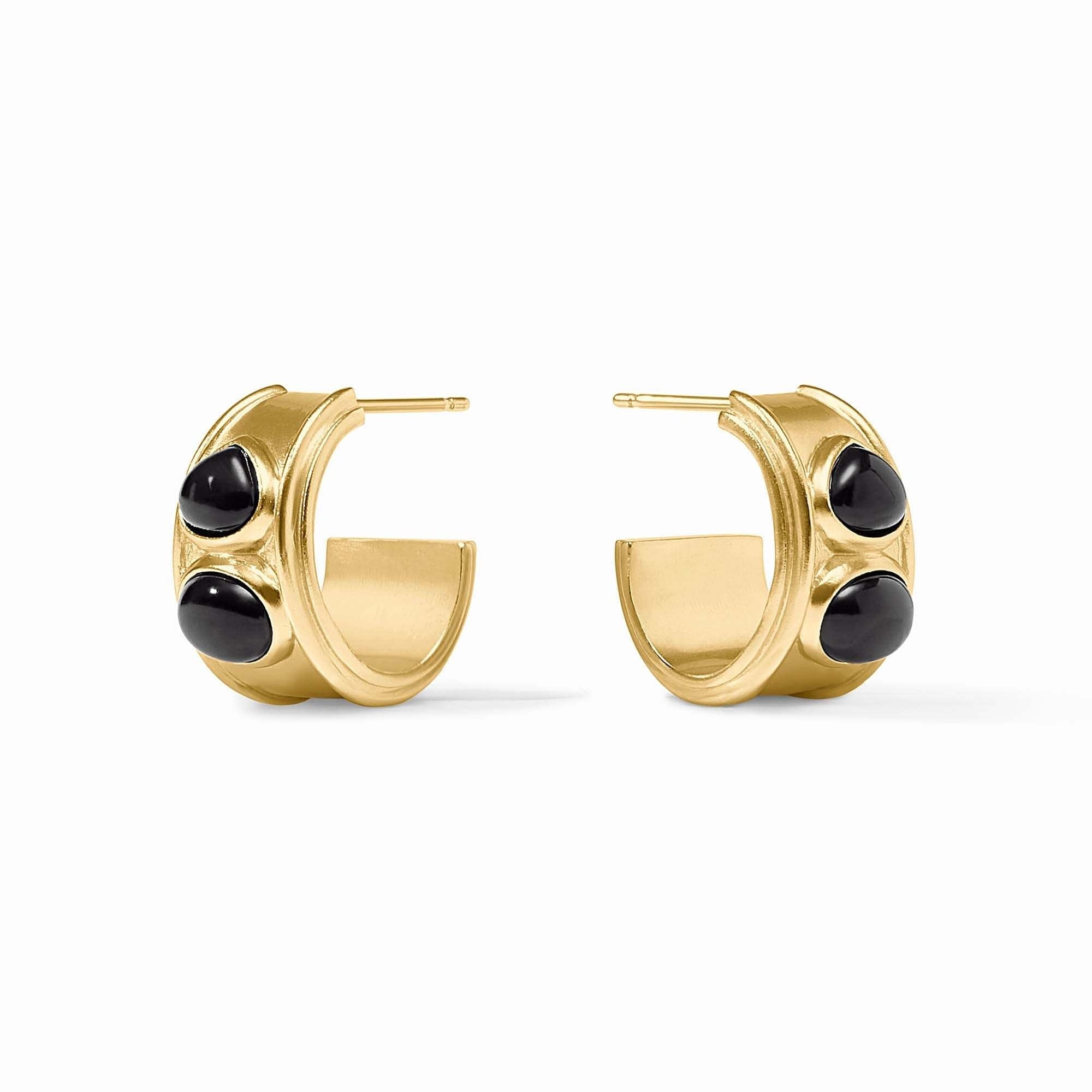 Obsidian black glass hoop earring with sleek gold plate finish