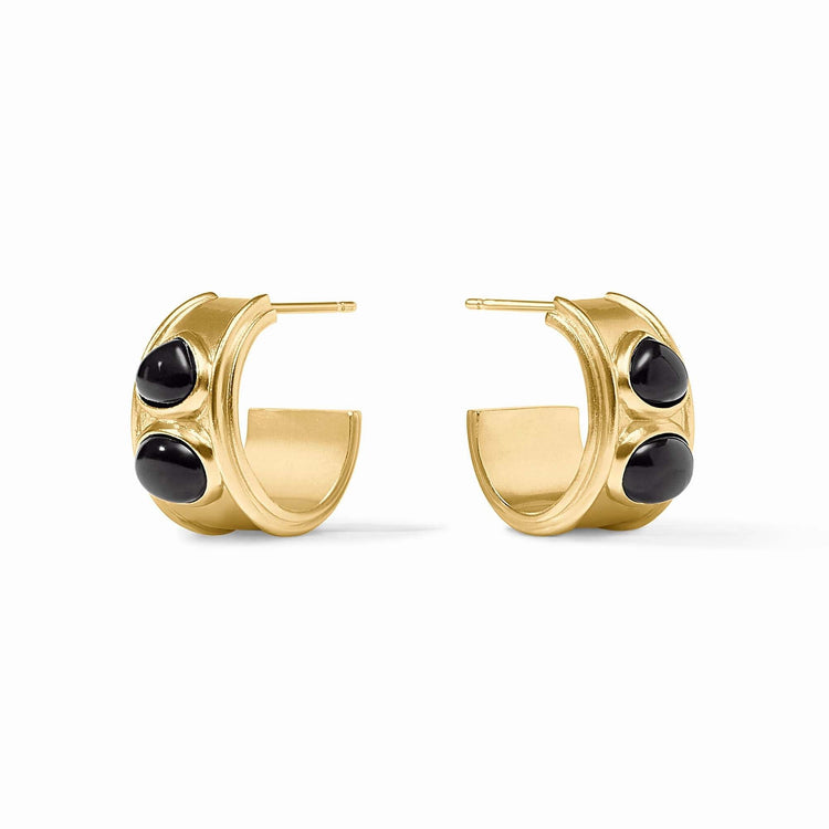 Obsidian black glass hoop earring with sleek gold plate finish