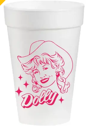 Stacked white Styrofoam cups in a Dolly container