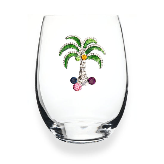 Handcrafted stemless wine glass with jeweled embellishments around the rim in clear crystal.