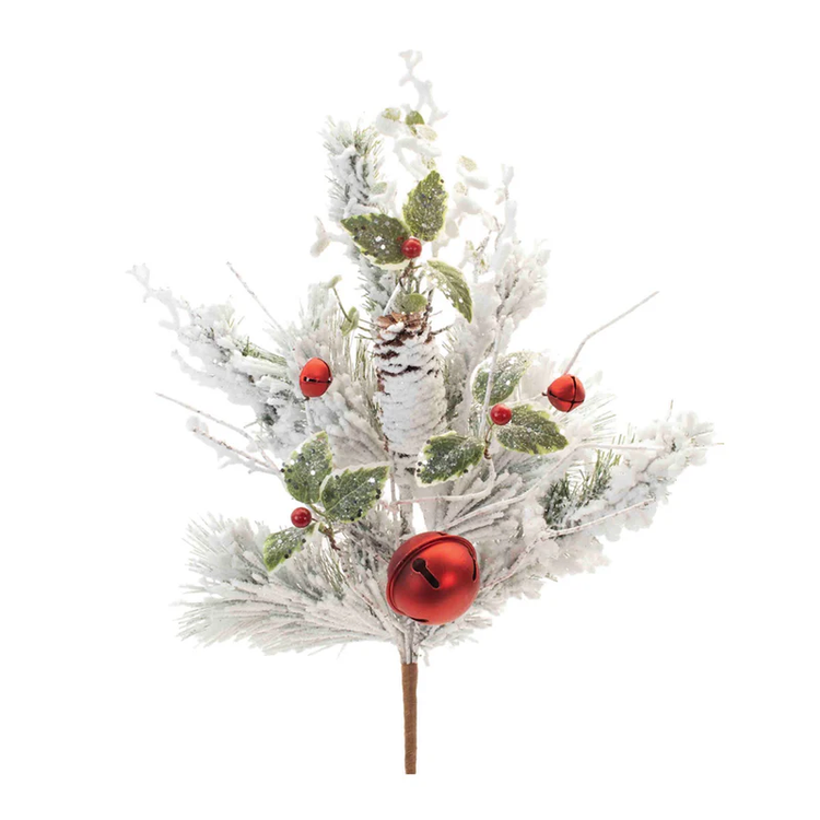 Flocked pine spray with holly leaves, pinecone, and red sleigh bells on a white background.