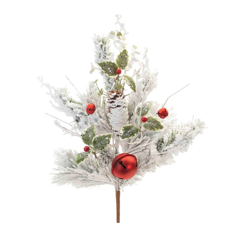 Flocked pine spray with holly leaves, pinecone, and red sleigh bells on a white background.