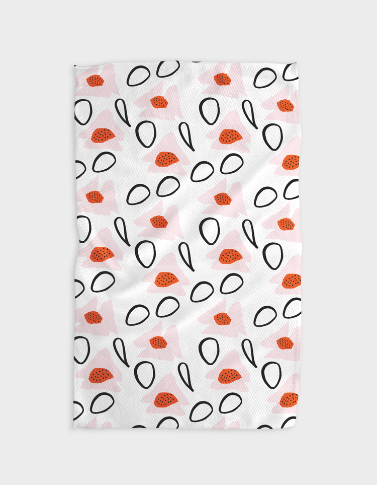 Recycled polyester kitchen tea towel with waffle weave construction featuring a geometric doodle pattern in muted tones.