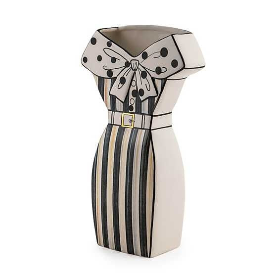 Dolomite ceramic dress-shaped vase with doodle and Courtly Stripe pattern in whimsical silhouette.