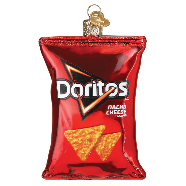 Doritos Nacho Cheese chips ornament shaped like a triangular chip with red packaging and yellow cheese powder design.