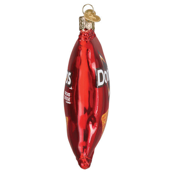 Doritos Nacho Cheese chip-shaped ornament in orange with green seasoning speckles.