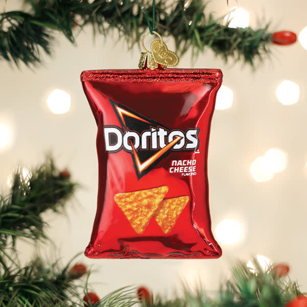 Doritos Nacho Cheese Chips ornament shaped like a triangular chip with red packaging and yellow cheese dust details.