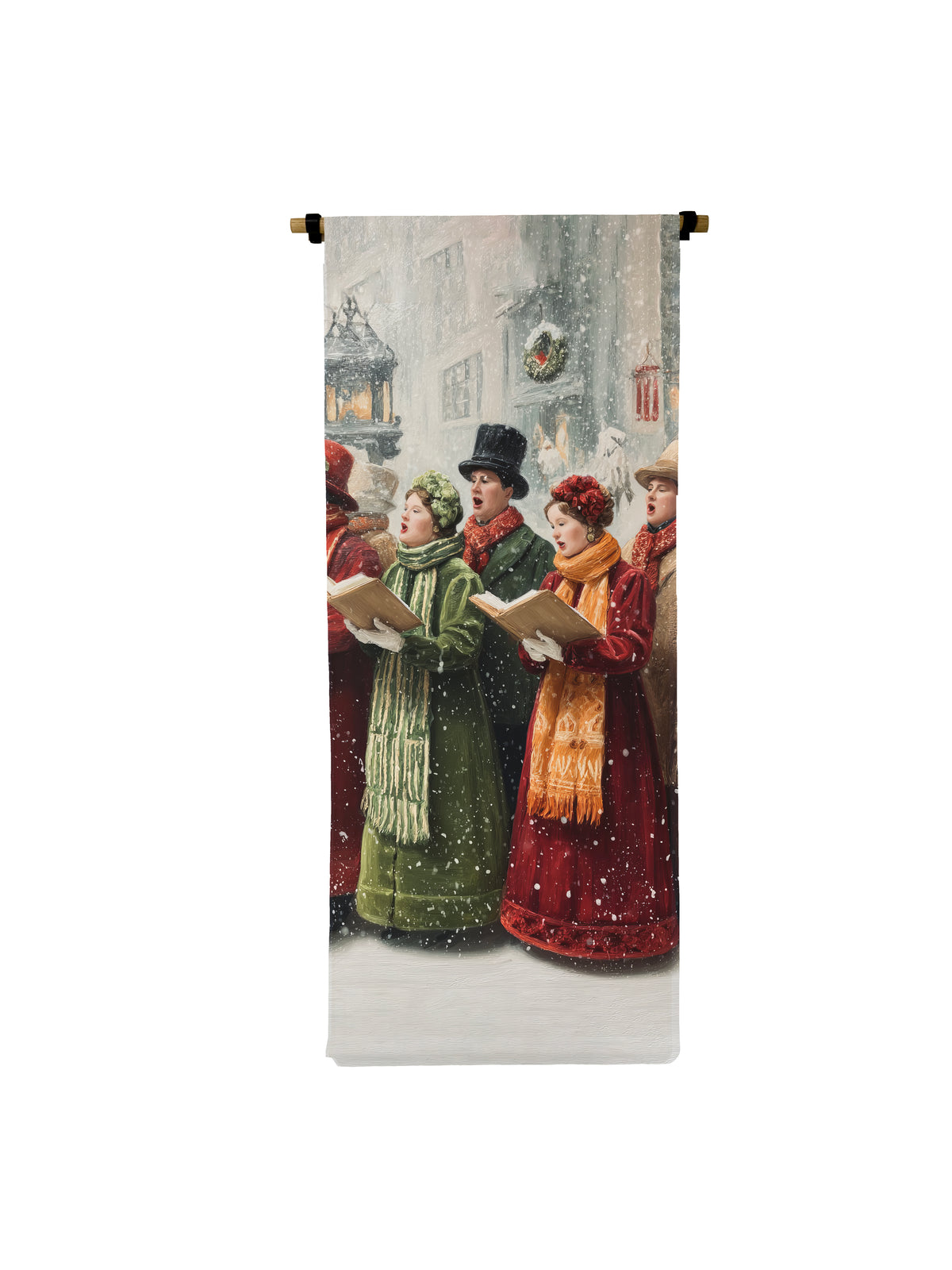 Vertical canvas scroll featuring a painting of traditional Christmas carollers singing in the snow.