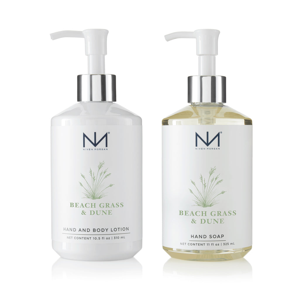 White organza draw-string bag containing hand soap and lotion set