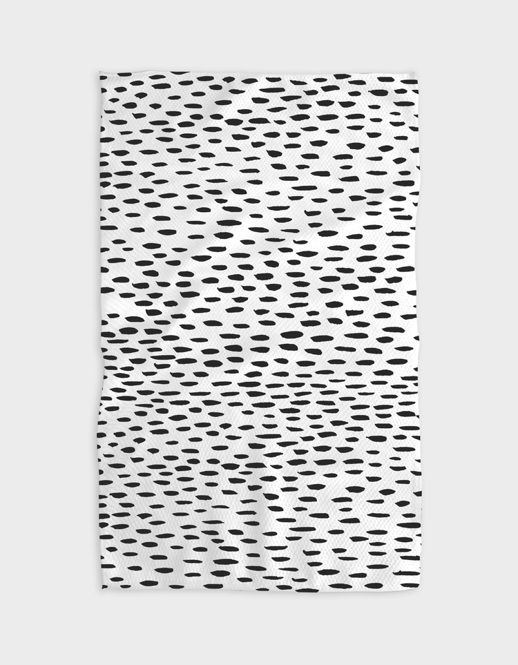 Recycled polyester kitchen tea towel with single-sided geometric dot-and-dash pattern in white.