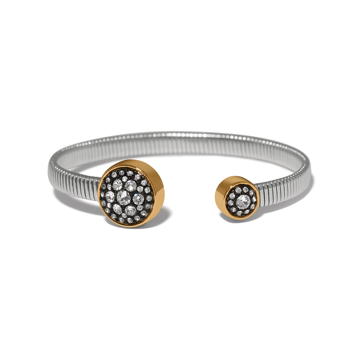 Brighton Meridian Solis Duo Hem silver and gold cuff bracelet with crystal-encrusted circular ends.