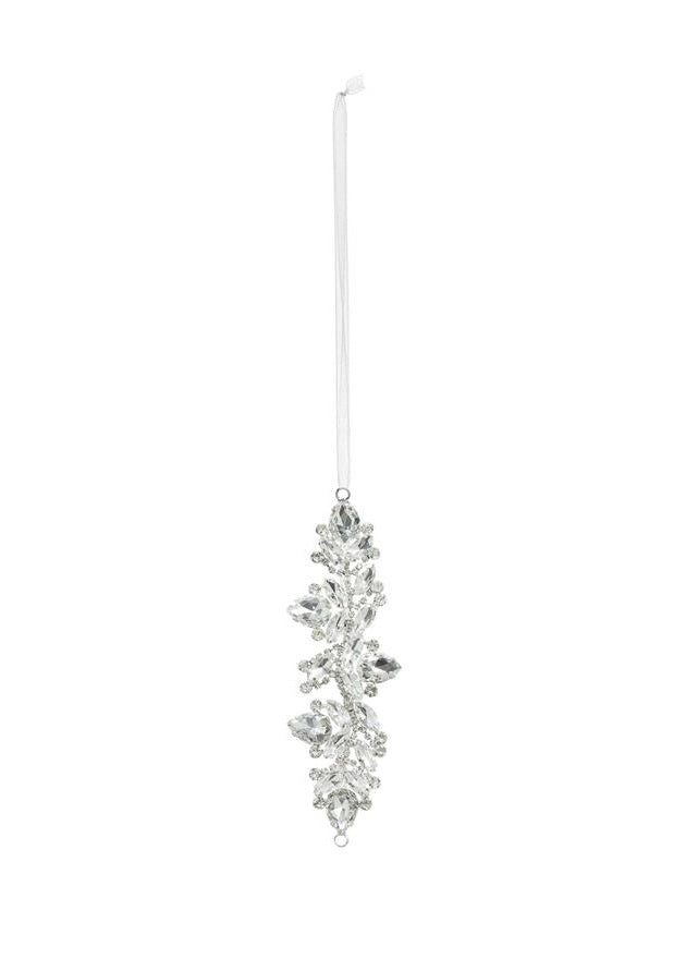 5.51-inch clear crystal jewelry ornament with a silver-tone setting and white hanging ribbon.