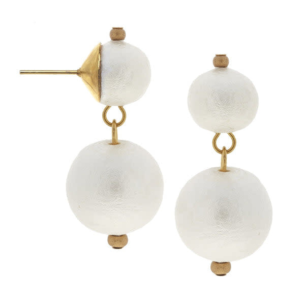 Triple-plated gold cotton pearl drop earrings with a triple-strand chain silhouette.