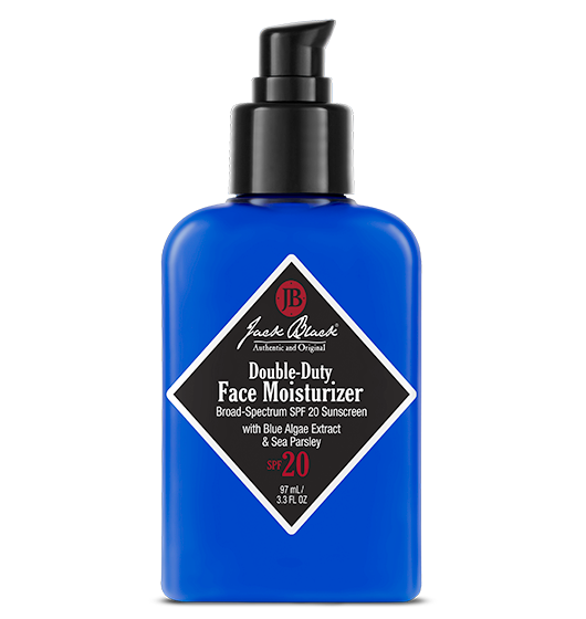 Double-Duty Face Moisturizer SPF 20 in a white bottle with blue and green botanical accents.
