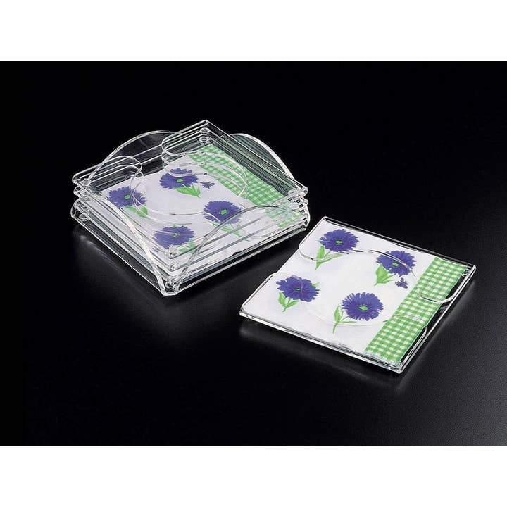 Set of four double-fold cocktail napkin coasters with holder in clear acrylic.