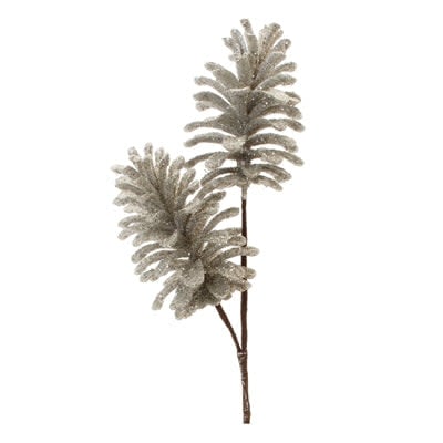 Artificial double pine cone spray with lifelike green needles in plastic.