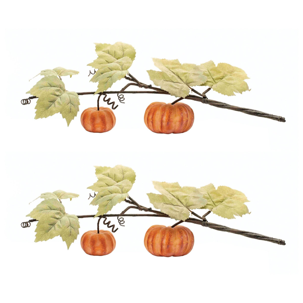 Double Pumpkin Vine with rustic orange polyester foam leaves and green accents on iron wire