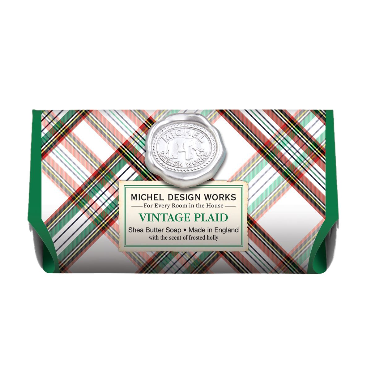 Michel Design Works Vintage Plaid shea butter soap bar with a red, green, and white tartan pattern.