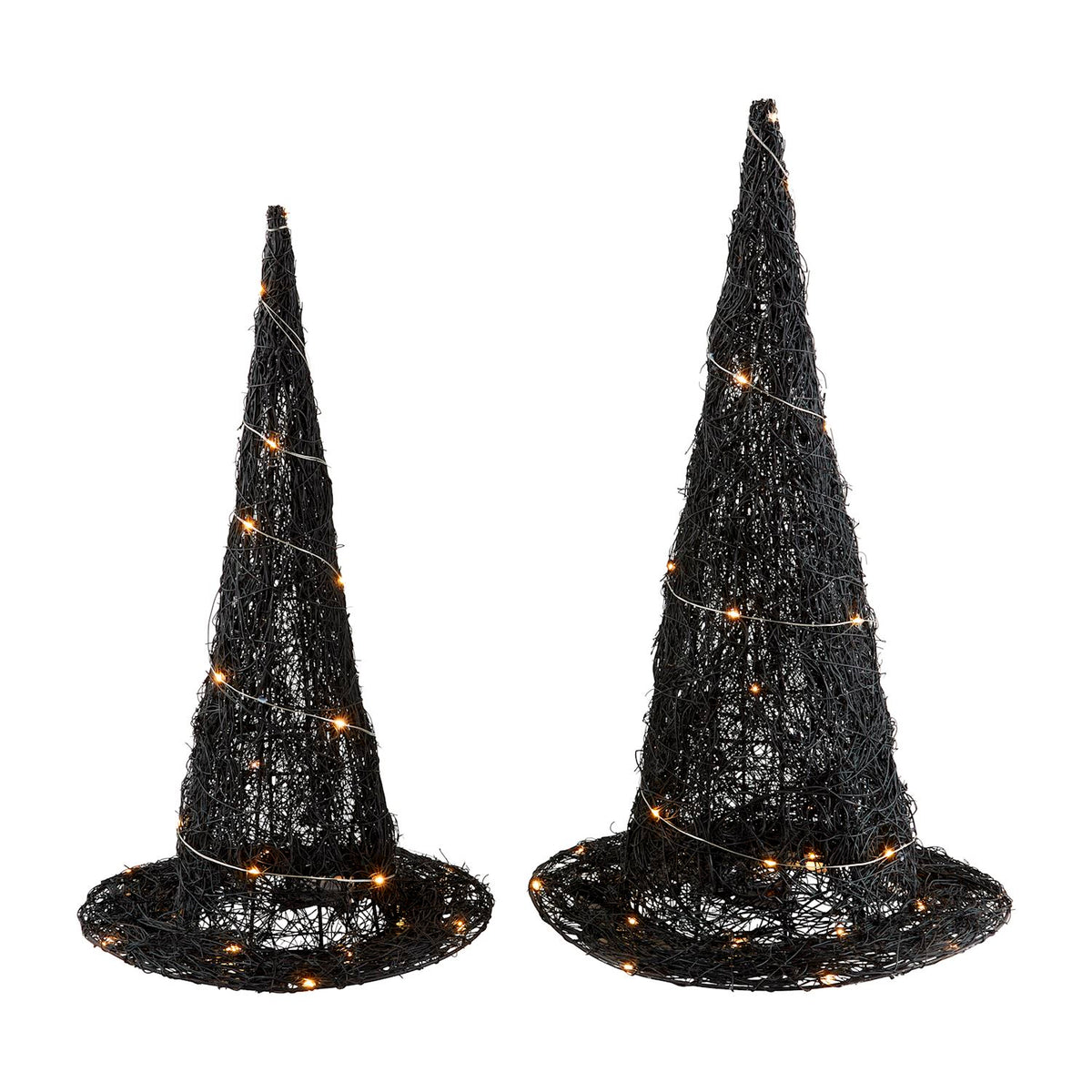 Light-up witch hat made of rattan with a glowing rim.