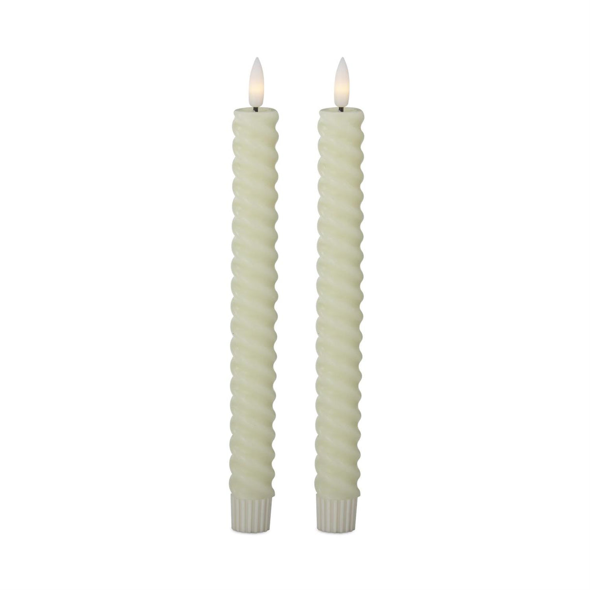 Set of two 9.75-inch cream spiral LED taper candles with realistic flame-shaped tips.