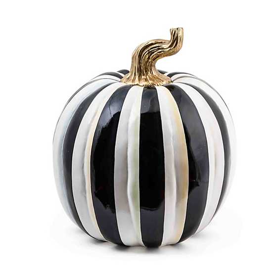 Large glossy resin pumpkin with black and white vertical stripes and a gold stem.