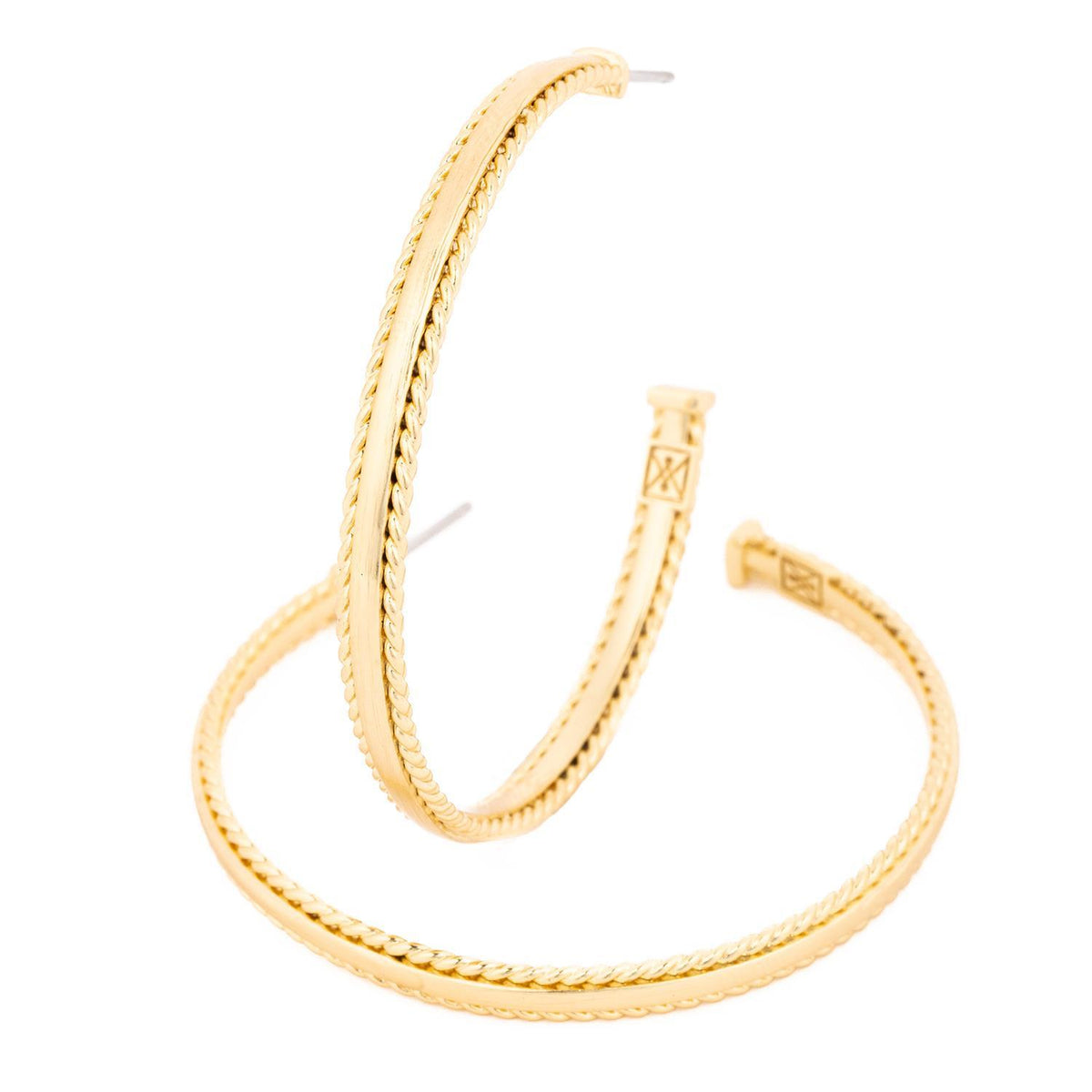 Gold hoop earrings with a twisted rope design and a textured inner band.