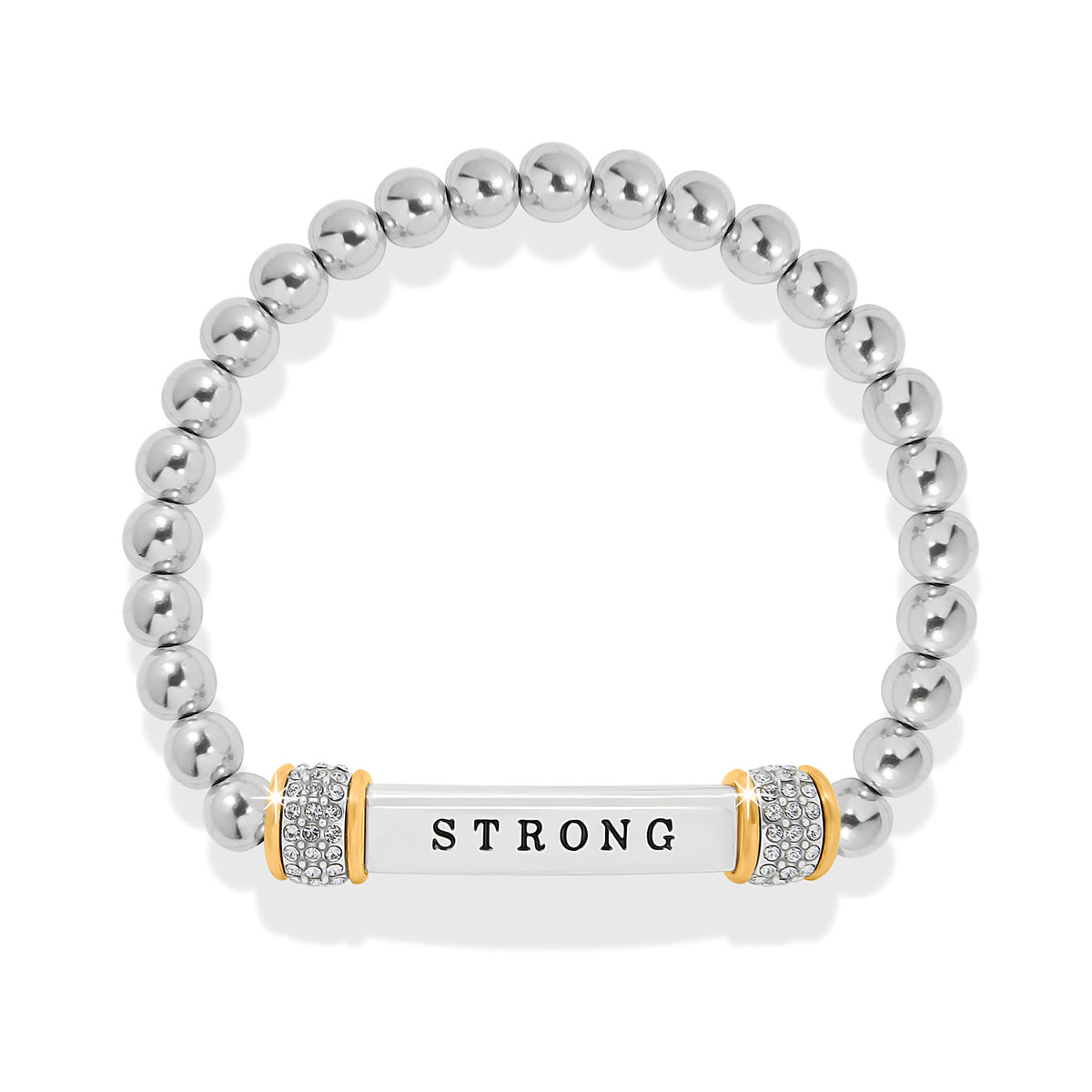 Two-tone silver and gold stretch bracelet featuring fine quality crystals with a simple band silhouette.