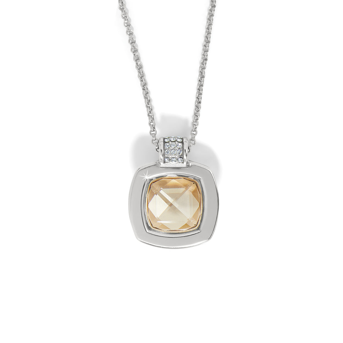 Meridian Aurora Large Necklace with a cushion-cut champagne crystal in a silver-plated setting.