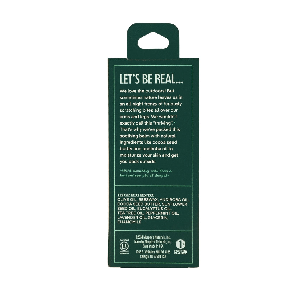 Back of Bite Relief Soothing Balm Stick packaging showing ingredients and company information.