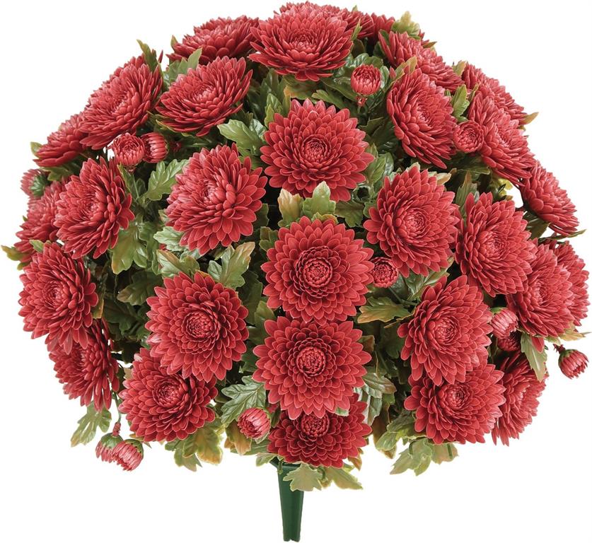 16.53 inch UV proof red chrysanthemum bush stake with dense petals and green leaves.