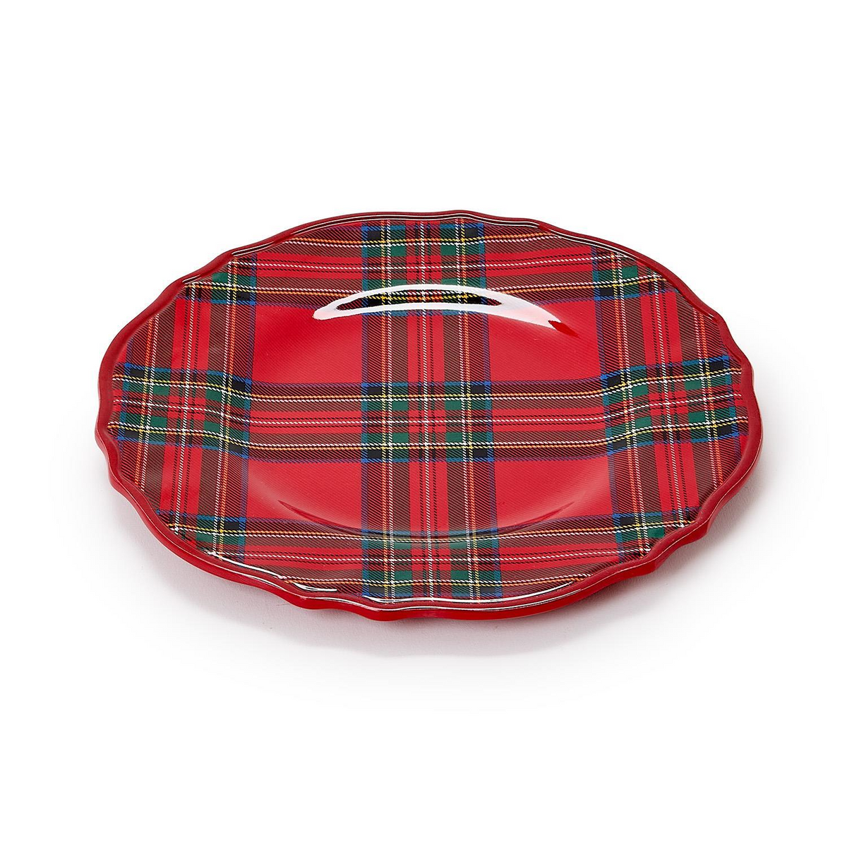 Round red tartan plaid melamine salad plate with a scalloped edge.