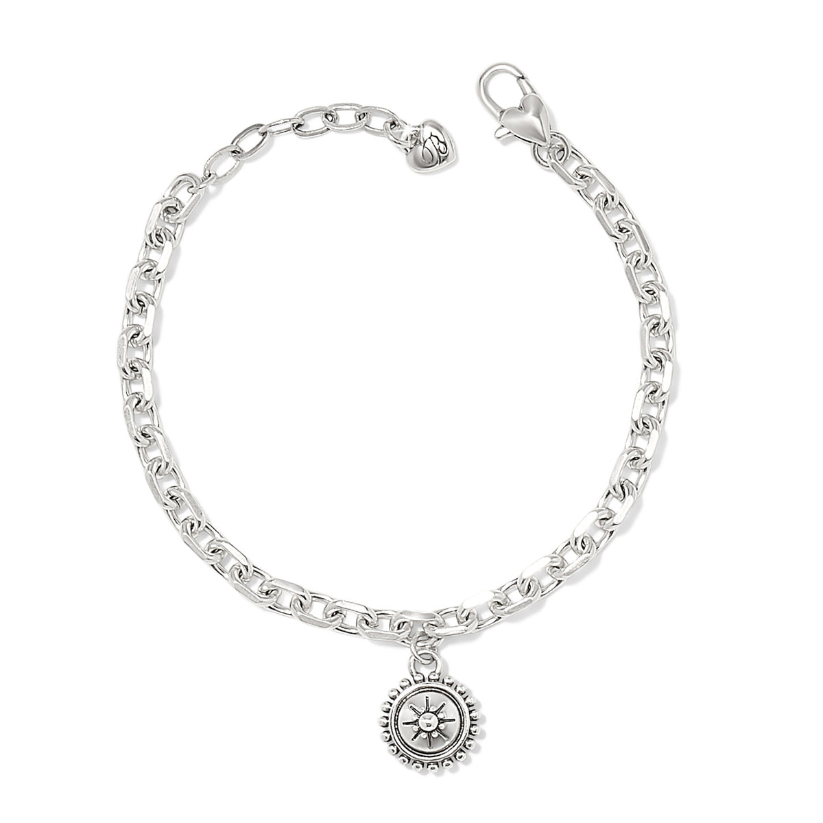 Silver plated adjustable chain bracelet with mosaic link detail.