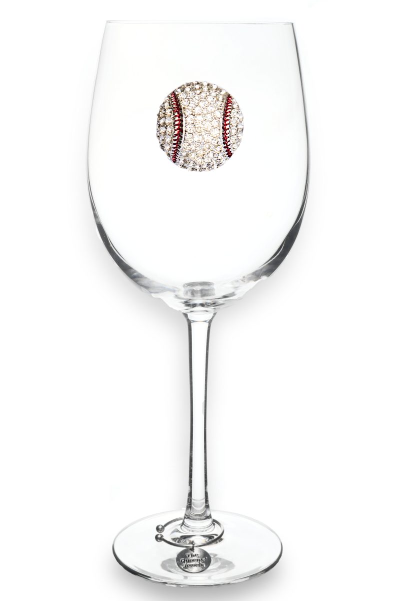 Stemmed wine glass with a baseball charm encrusted with clear jewels and red stitching.