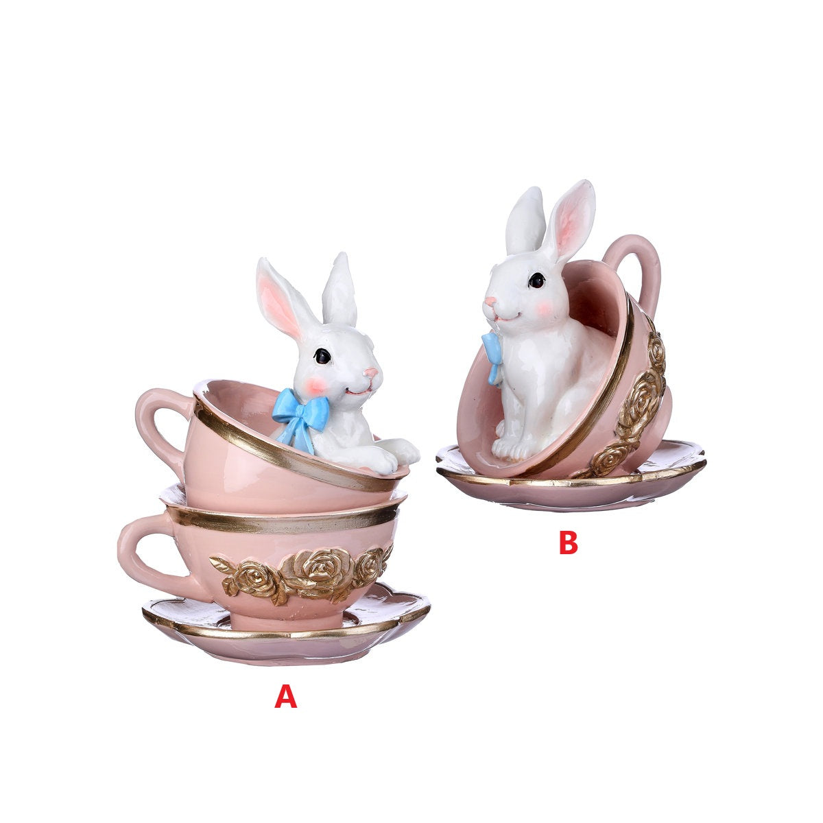 Hand-painted white resin bunny teacup with floral accents on a stand