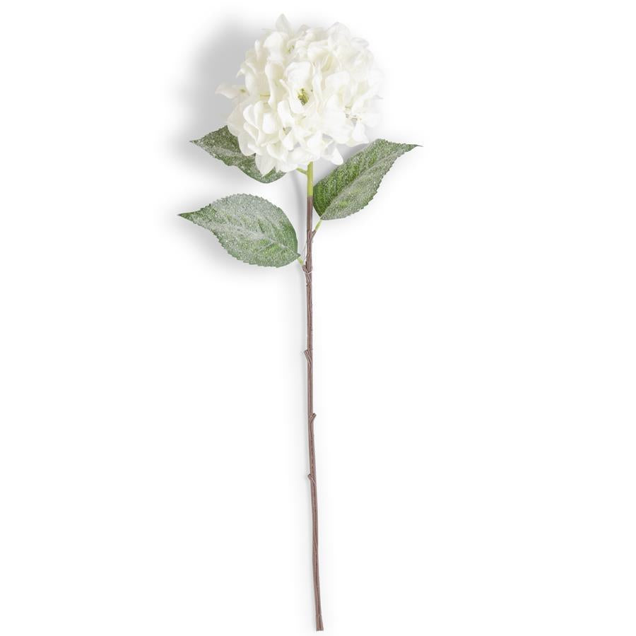 34-inch white glittered hydrangea stem with green leaves and a long brown stem.