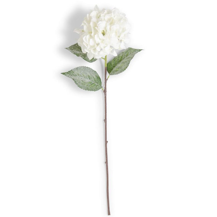 34-inch white glittered hydrangea stem with green leaves and a long brown stem.