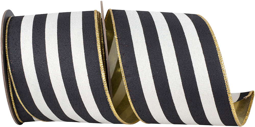 Black and white striped wired edge ribbon with gold metallic backing and sparkle finish.
