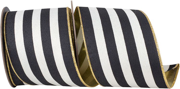 Black and white striped wired edge ribbon with gold metallic backing and sparkle finish.