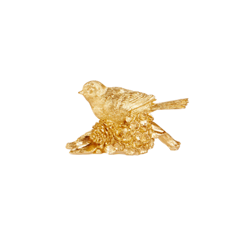 7-inch gold resin bird figurine perched on a pinecone branch.