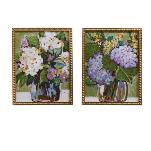 Wooden framed wall art featuring a blue hydrangea floral pattern with glass accents.