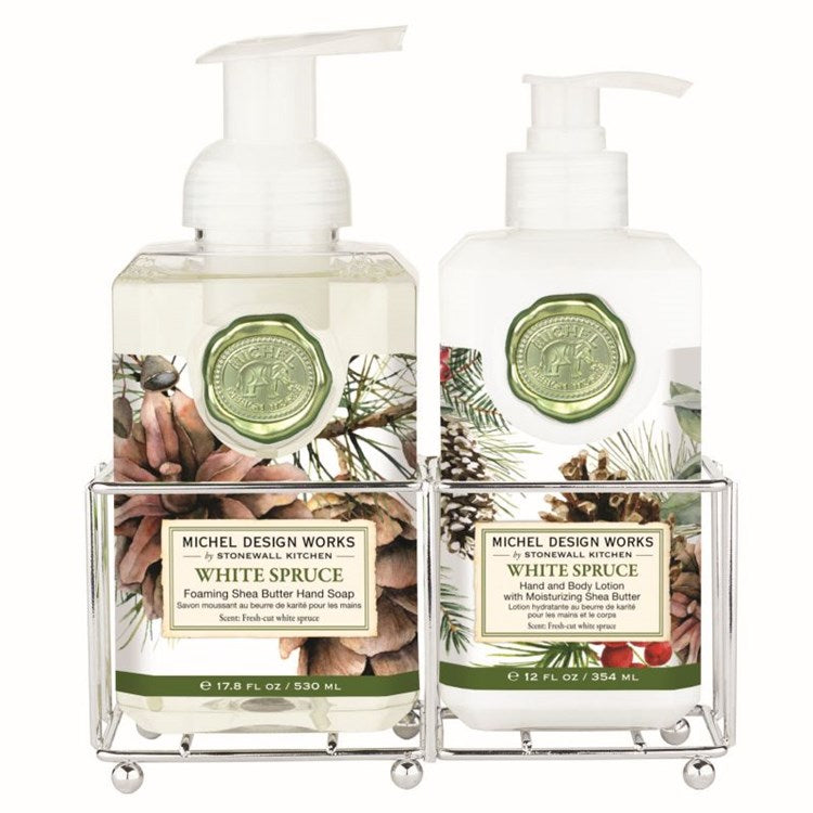 Foaming hand soap dispenser with lotion bottle inside a caddy